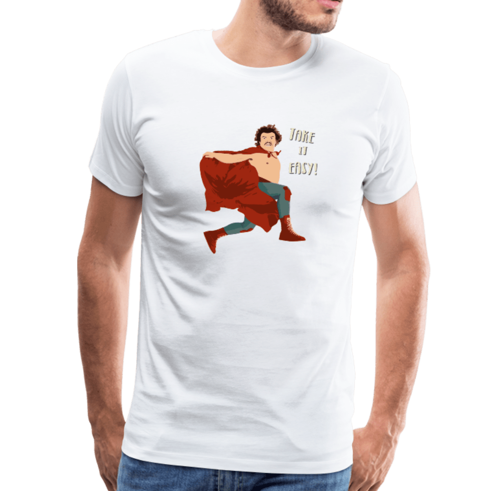 Take It Easy Nacho Libre T-Shirt featuring Ignacio in a jumping pose with the quote 'Take It Easy!'