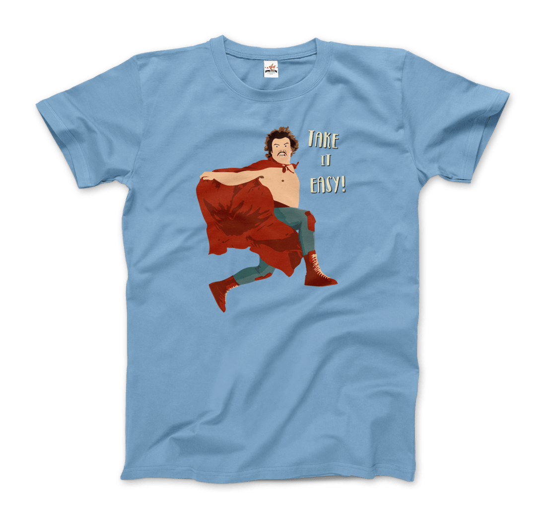Take It Easy Nacho Libre T-Shirt featuring Ignacio in a jumping pose with the quote 'Take It Easy!'
