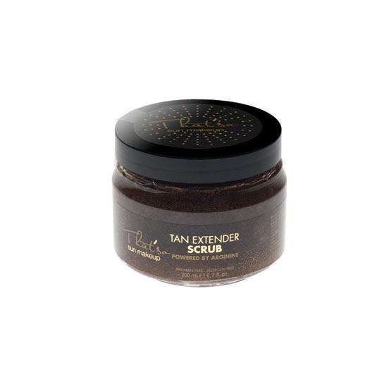 Tan Extender Scrub by That’s So Sun Make Up in a transparent gel form, showcasing its natural coconut shell powder and olive oil ingredients.