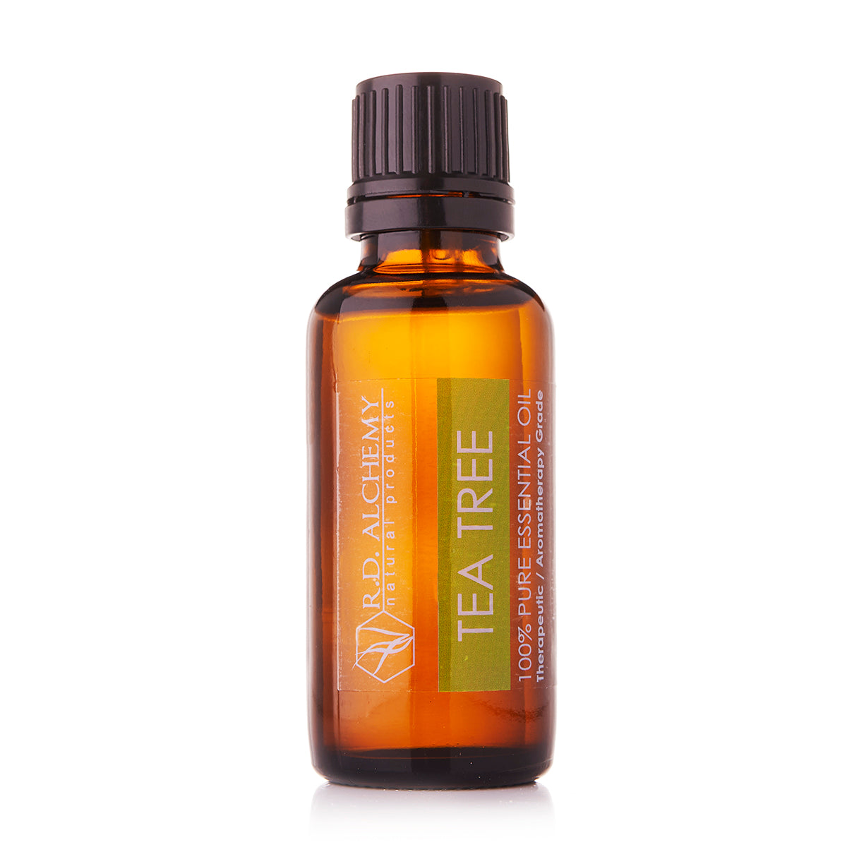 A bottle of 100% pure tea tree essential oil, showcasing its natural and therapeutic qualities.