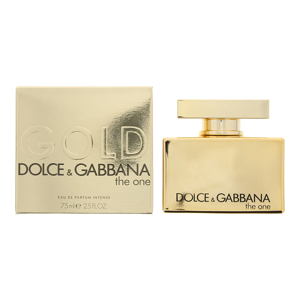 Dolce & Gabbana The One Gold Eau de Parfum Intense in an elegant gold bottle, showcasing luxury and sophistication.