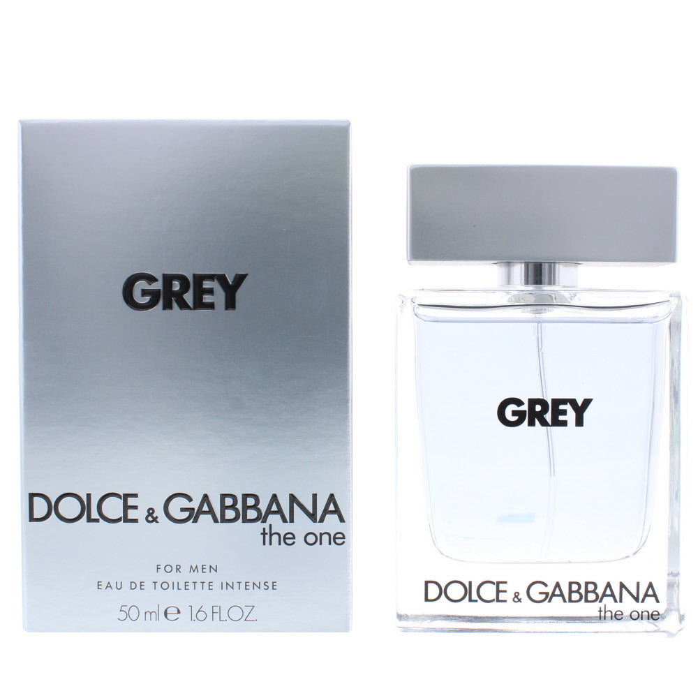 The One Grey Intense Eau de Toilette by Dolce&Gabbana in a sleek bottle, showcasing its modern design and vibrant fragrance.