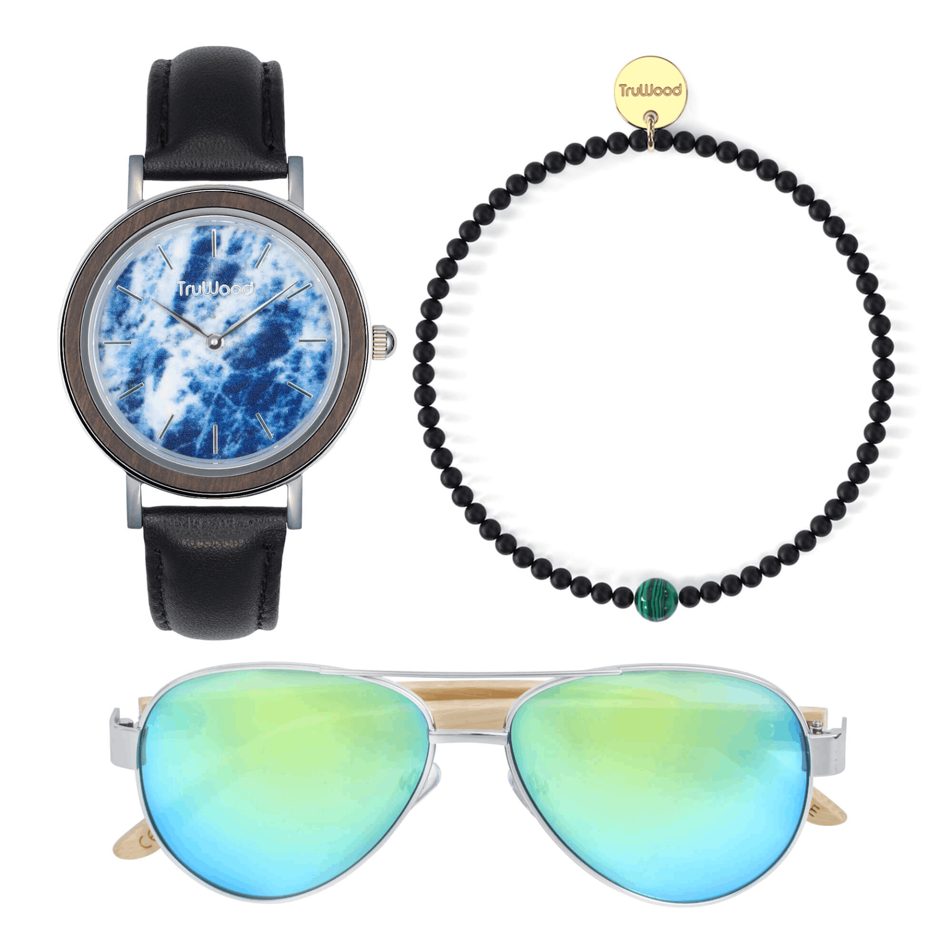 The Terra Bundle featuring a stylish women's watch with a blue marble dial, black sandalwood bezel, chic leather band, sunglasses, and a bracelet.