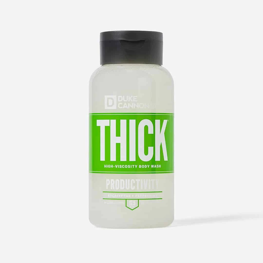 Duke Cannon's THICK High-Viscosity Body Wash bottle with a fresh eucalyptus and peppermint scent, designed for hardworking men.