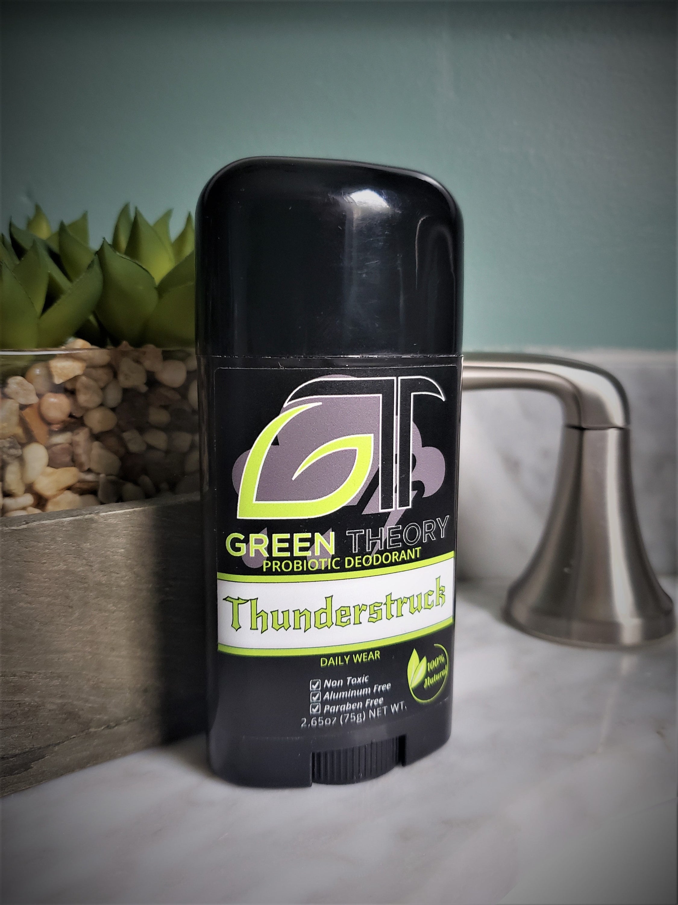 Thunderstruck Probiotic Natural Aluminum Free Deodorant with essential oils, showcasing its sleek design and natural ingredients.