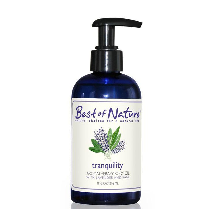 Tranquility Aromatherapy Massage & Body Oil bottle with essential oils, showcasing its calming properties and natural ingredients.