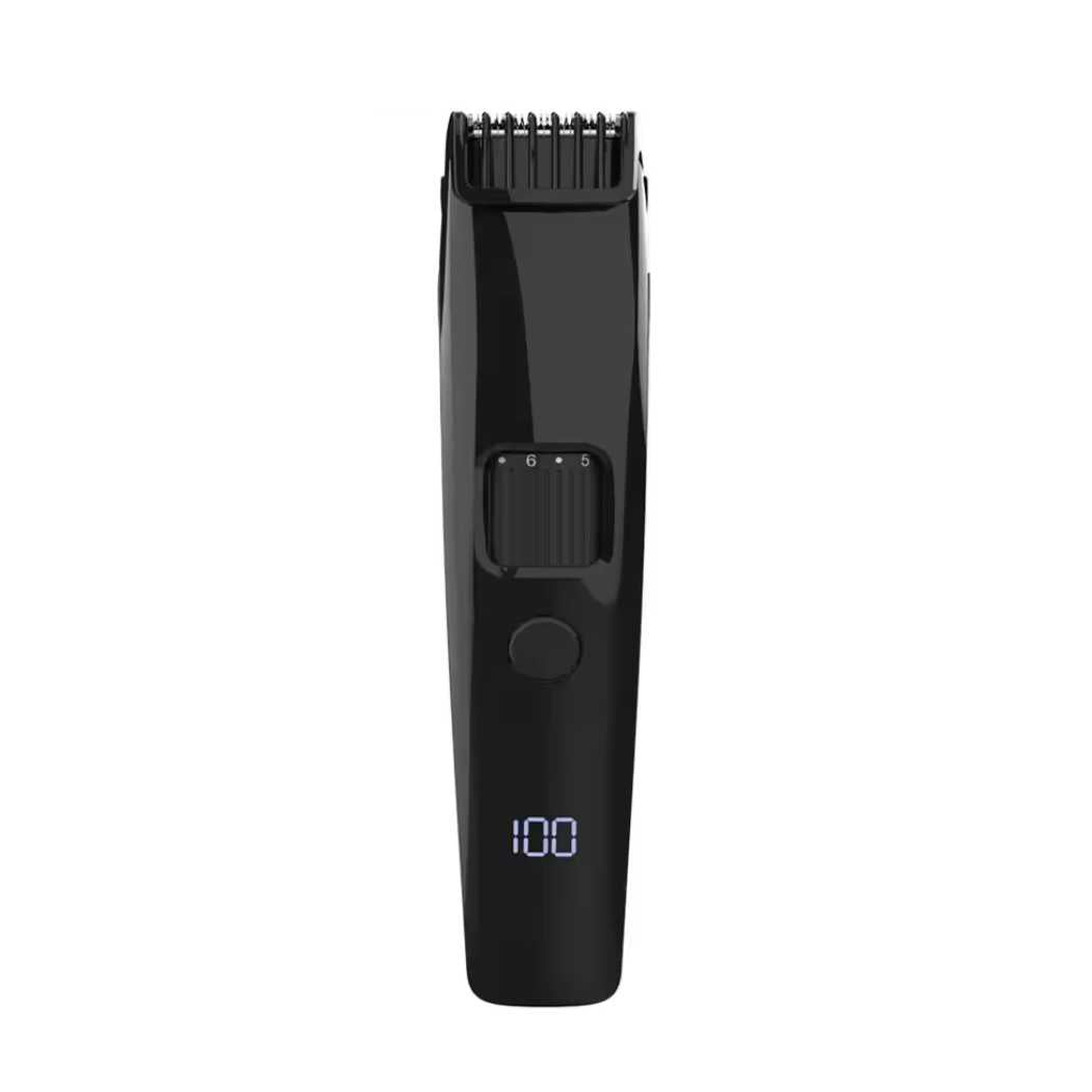 TrimMaster Pro Beard Trimmer with LCD display and adjustable length settings, designed for precision grooming.
