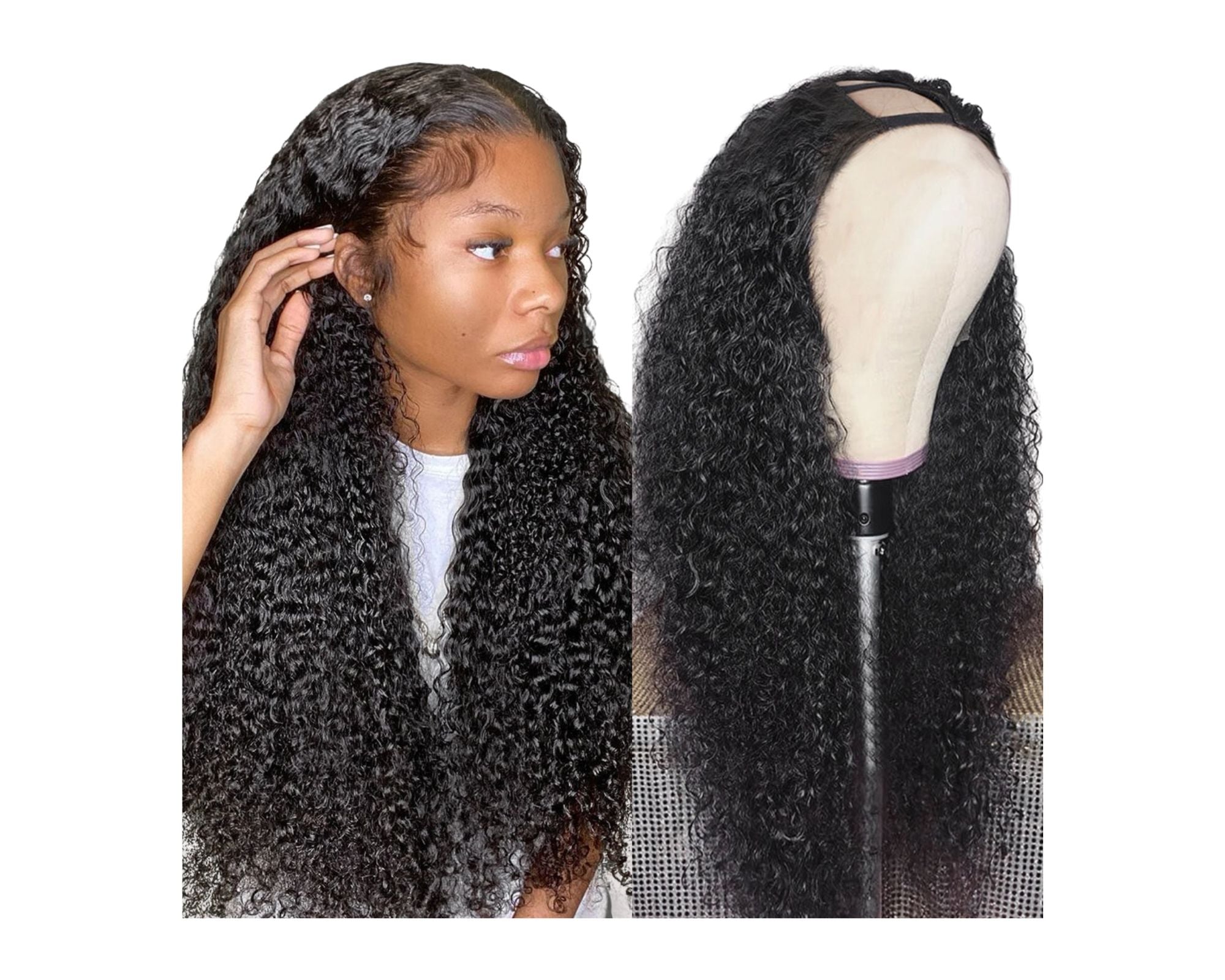 U Part Wig Jerry Curl made from Brazilian Remy human hair, featuring defined curls and a natural black color, designed for black women.