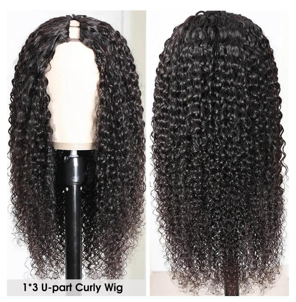 U Part Wig Jerry Curl made from Brazilian Remy human hair, featuring defined curls and a natural black color, designed for black women.