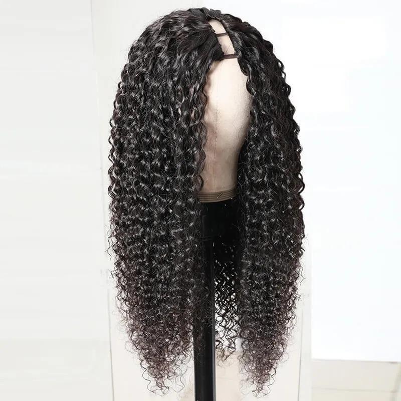 U Part Wig Jerry Curl made from Brazilian Remy human hair, featuring defined curls and a natural black color, designed for black women.