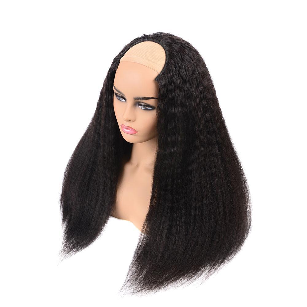 U Part Wig Kinky Straight Human Hair Wig for Black Women, showcasing natural black color and soft texture.