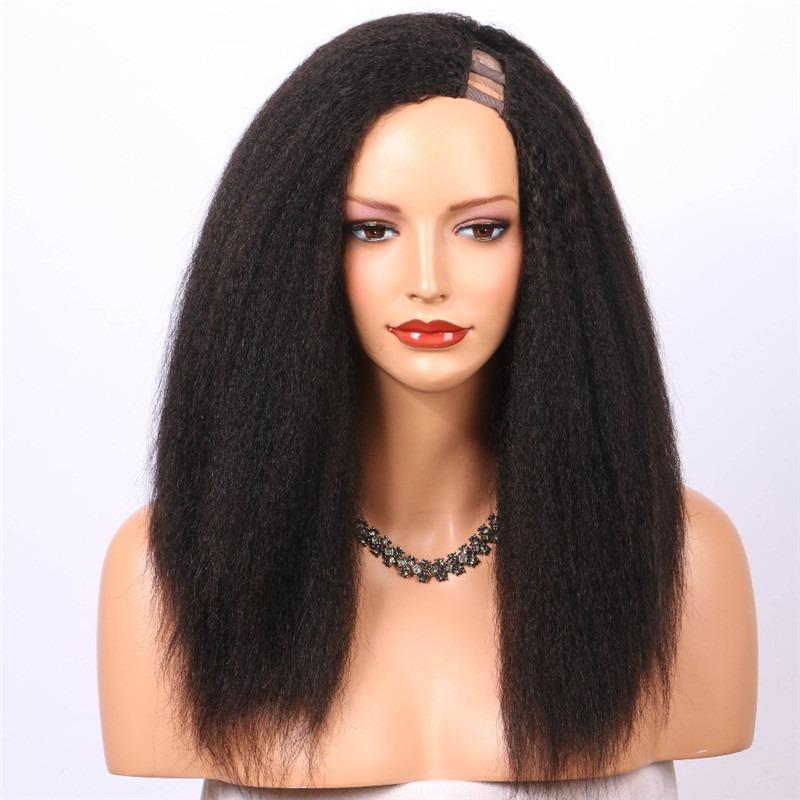 U Part Wig Kinky Straight Human Hair Wig for Black Women, showcasing natural black color and soft texture.