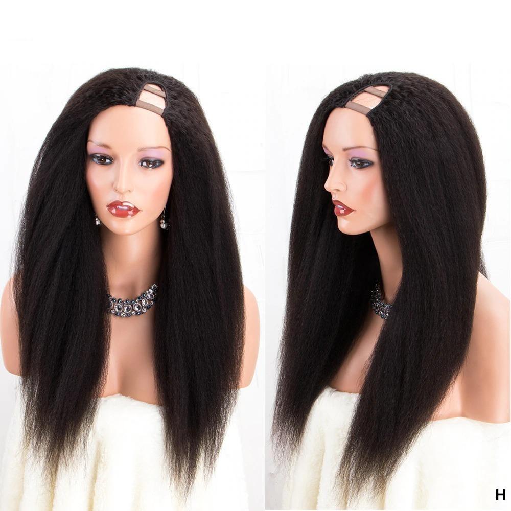 U Part Wig Kinky Straight Human Hair Wig for Black Women, showcasing natural black color and soft texture.