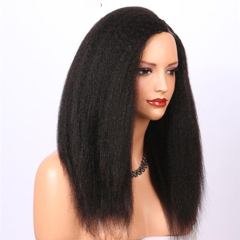 U Part Wig Kinky Straight Human Hair Wig for Black Women, showcasing natural black color and soft texture.