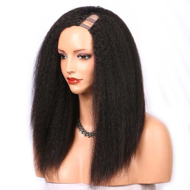 U Part Wig Kinky Straight Human Hair Wig for Black Women, showcasing natural black color and soft texture.