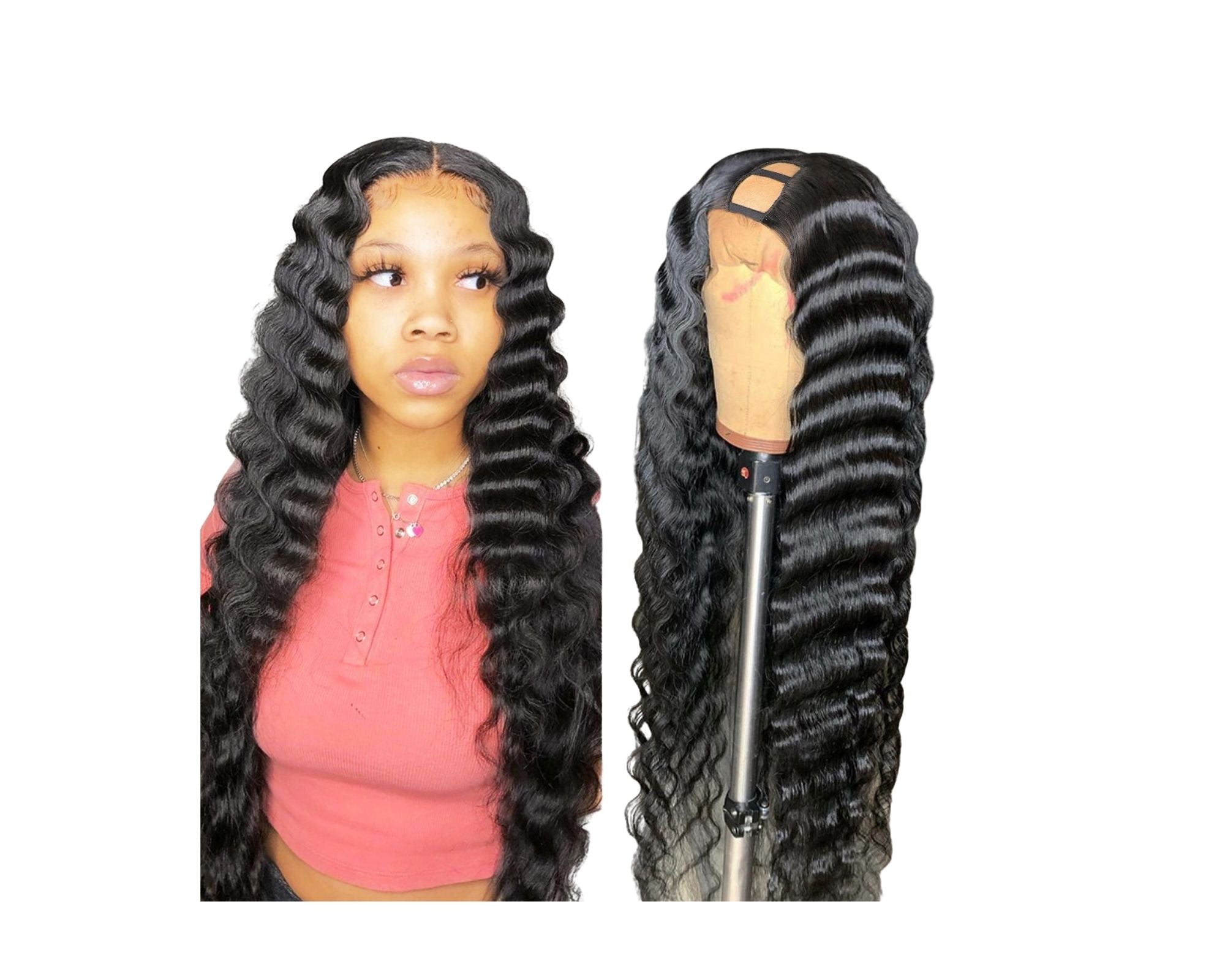 U Part Wig Loose Deep Human Hair Wig for Black Women, featuring Brazilian Remy hair with a loose deep wave texture, available in natural black color.