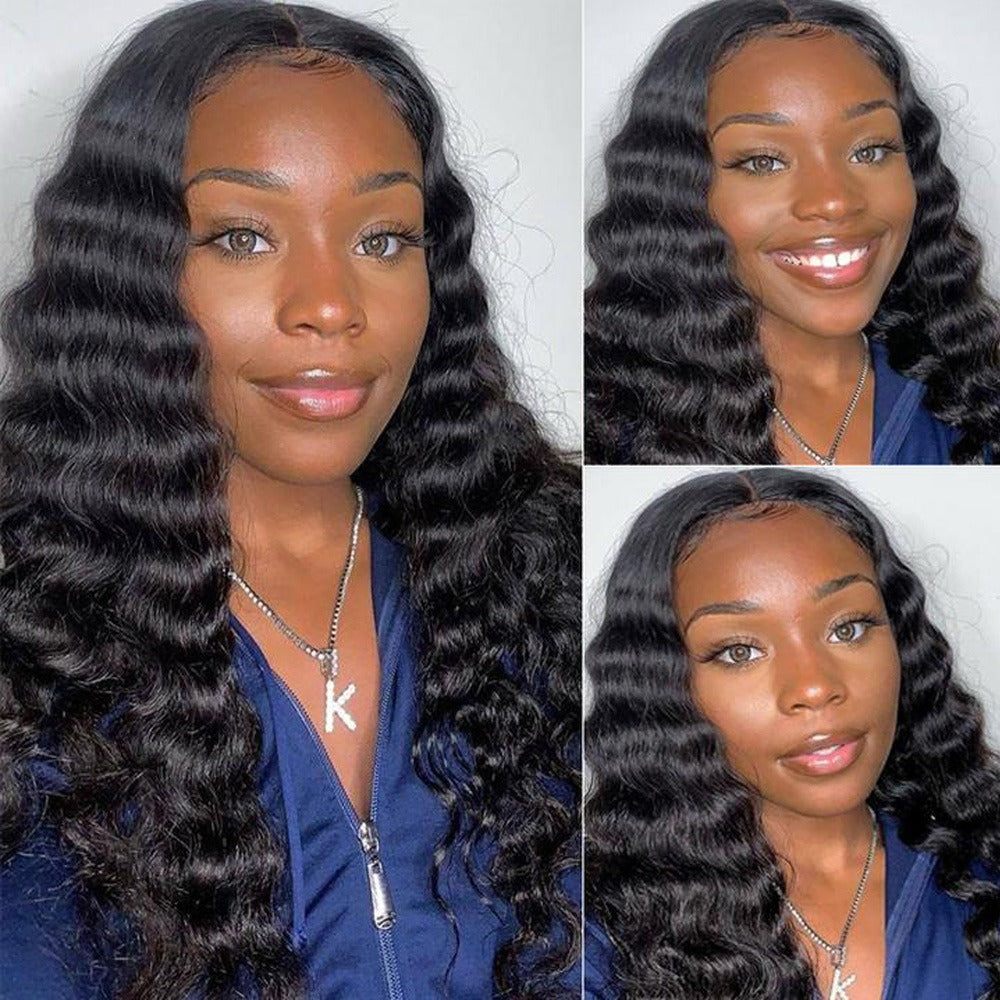U Part Wig Loose Deep Human Hair Wig for Black Women, featuring Brazilian Remy hair with a loose deep wave texture, available in natural black color.