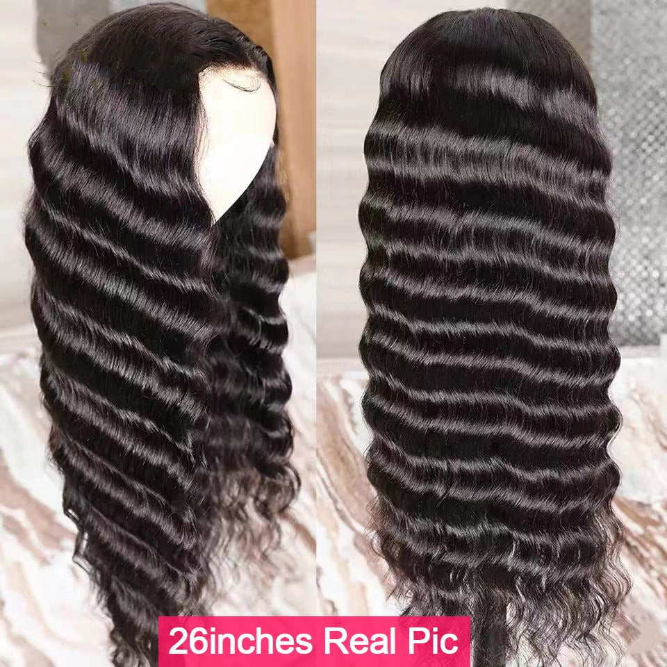 U Part Wig Loose Deep Human Hair Wig for Black Women, featuring Brazilian Remy hair with a loose deep wave texture, available in natural black color.