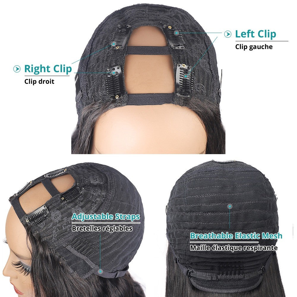 U Part Wig Loose Deep Human Hair Wig for Black Women, featuring Brazilian Remy hair with a loose deep wave texture, available in natural black color.