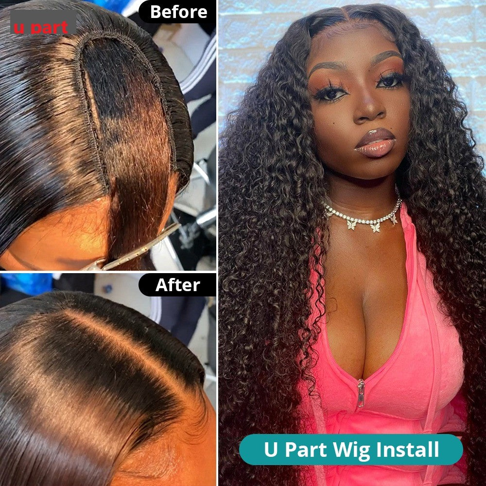 U Part Wig Loose Deep Human Hair Wig for Black Women, featuring Brazilian Remy hair with a loose deep wave texture, available in natural black color.
