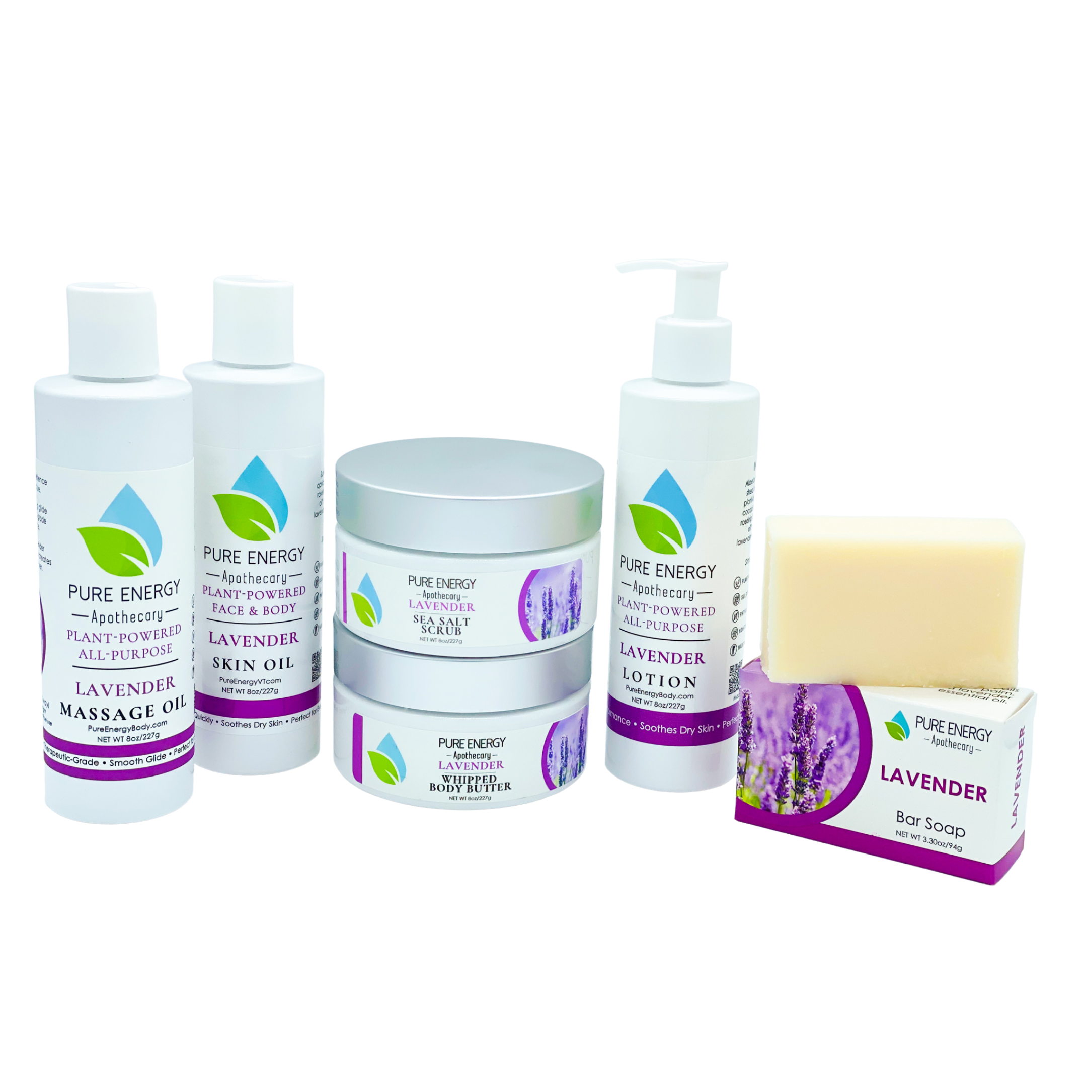 Ultimate Lavender Gift Set featuring natural skincare products including lotion, oil, scrub, and soap, all beautifully arranged in a basket.