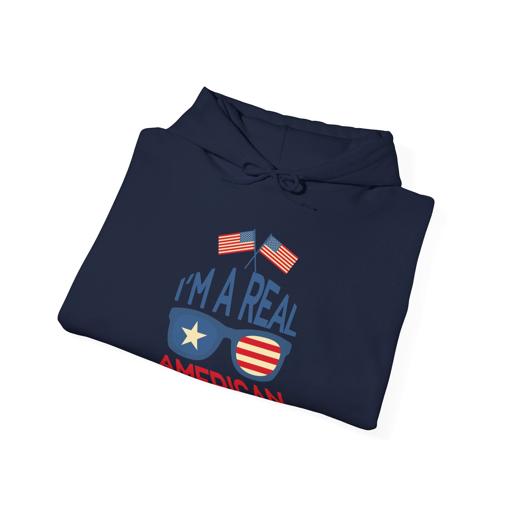 Unisex Heavy Blend Hooded Sweatshirt featuring 'A Real American' design, showcasing a cozy fit with a kangaroo pocket and stylish drawstring.