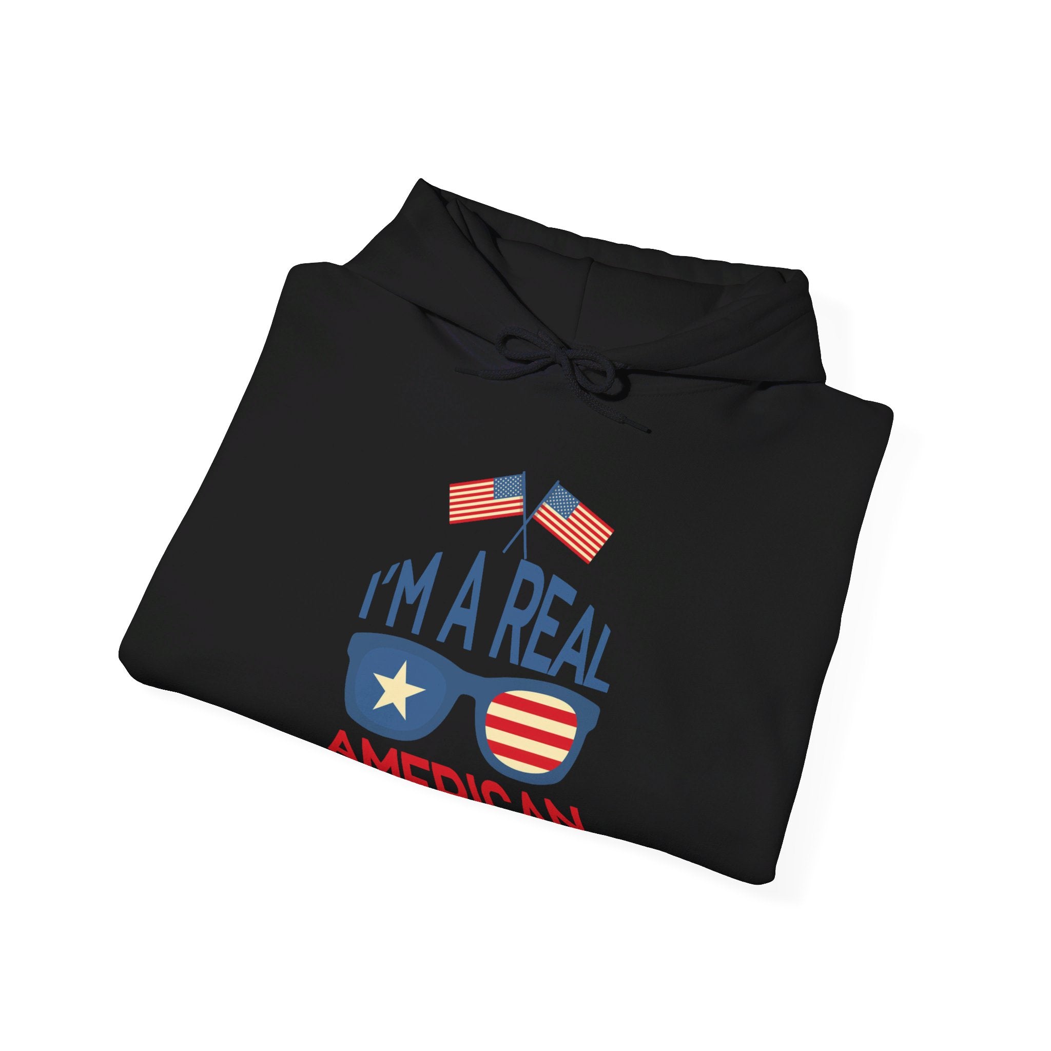 Unisex Heavy Blend Hooded Sweatshirt featuring 'A Real American' design, showcasing a cozy fit with a kangaroo pocket and stylish drawstring.