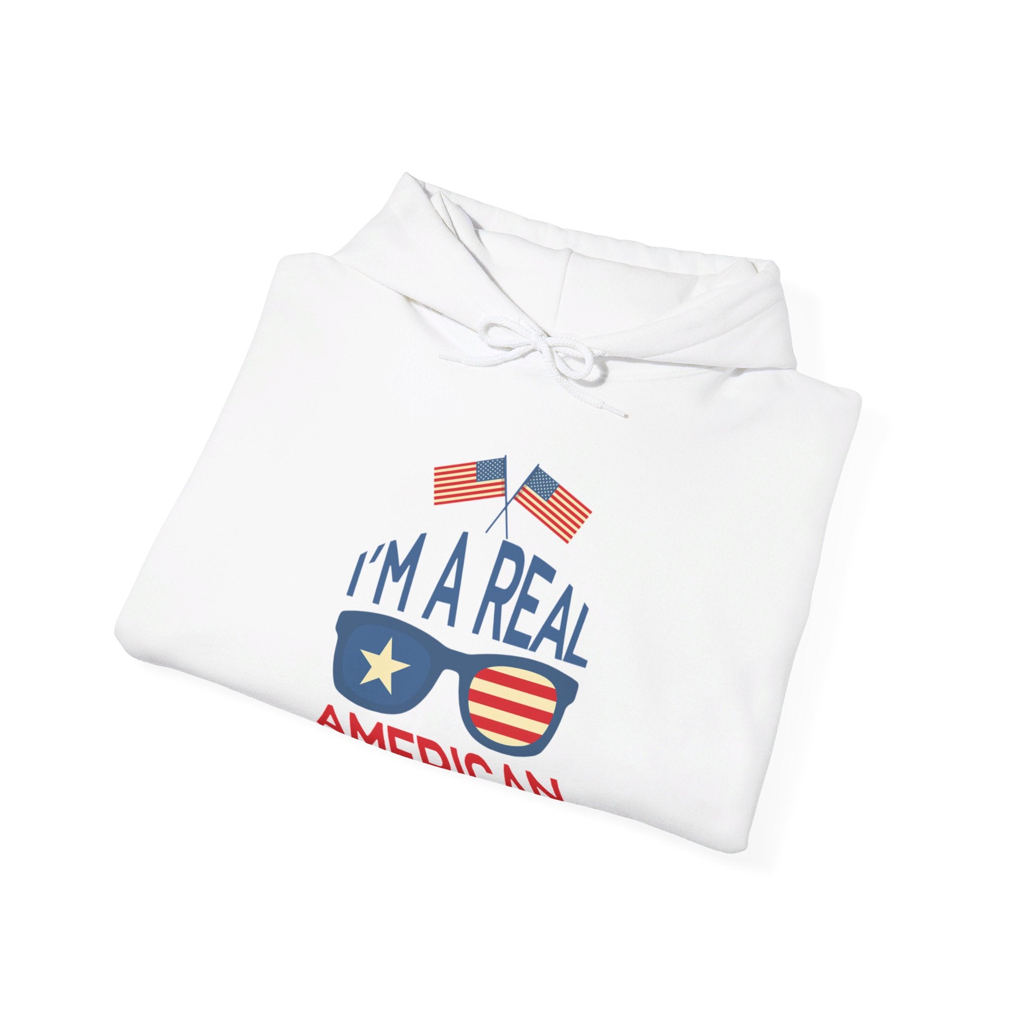 Unisex Heavy Blend Hooded Sweatshirt featuring 'A Real American' design, showcasing a cozy fit with a kangaroo pocket and stylish drawstring.