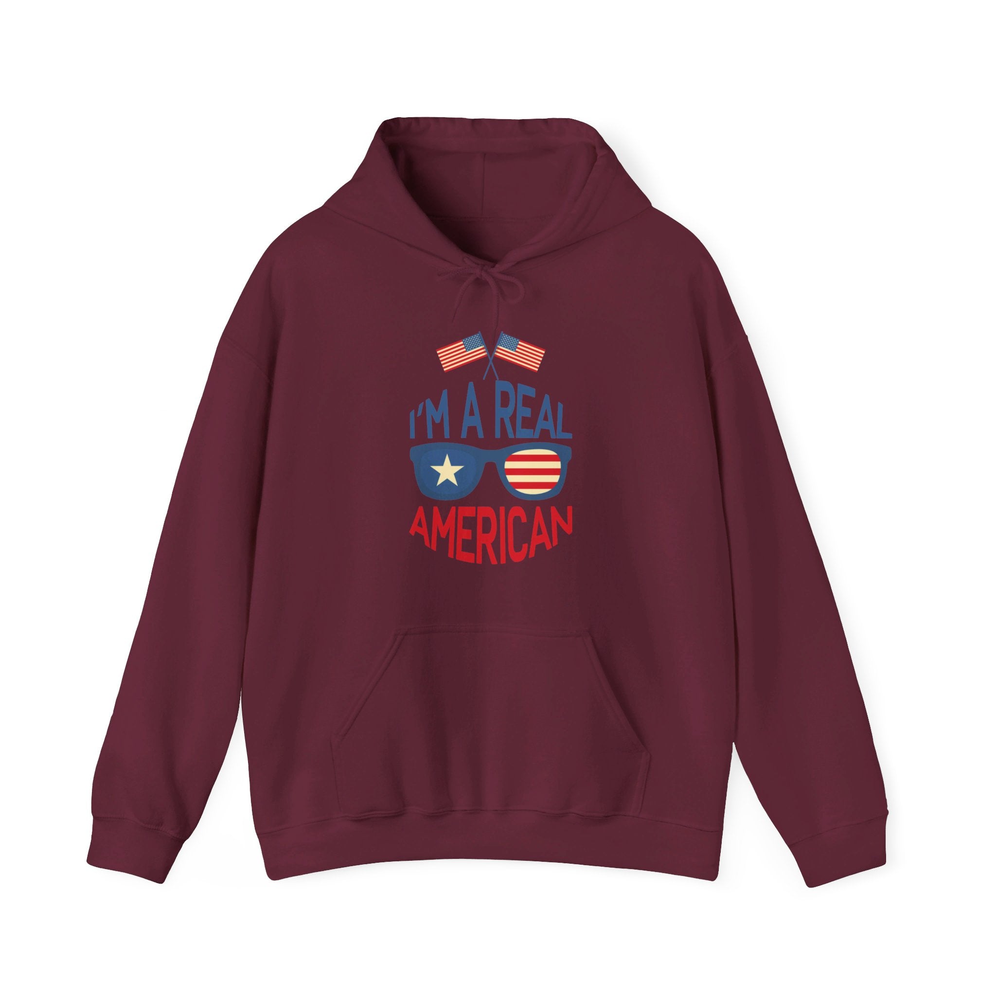 Unisex Heavy Blend Hooded Sweatshirt featuring 'A Real American' design, showcasing a cozy fit with a kangaroo pocket and stylish drawstring.