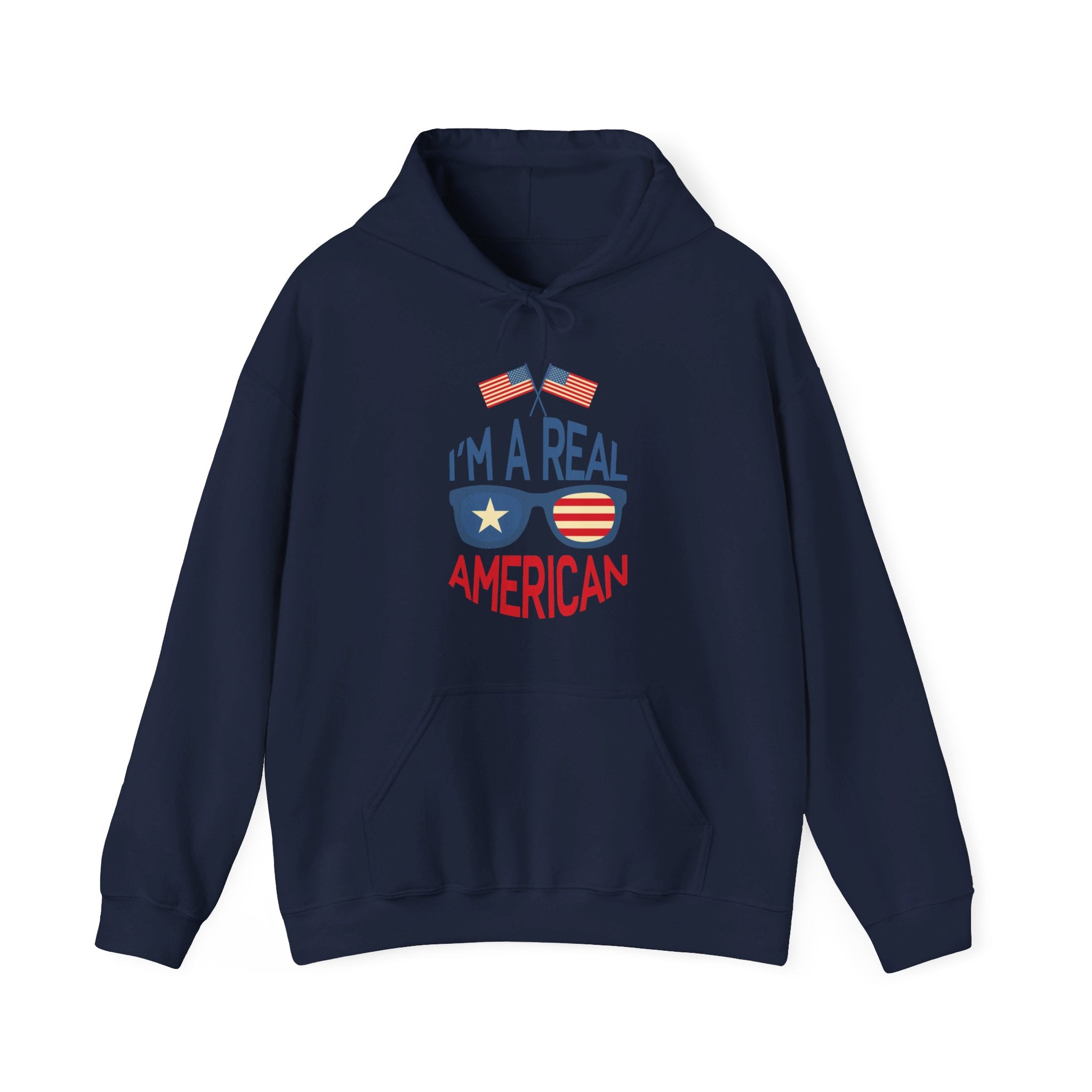 Unisex Heavy Blend Hooded Sweatshirt featuring 'A Real American' design, showcasing a cozy fit with a kangaroo pocket and stylish drawstring.