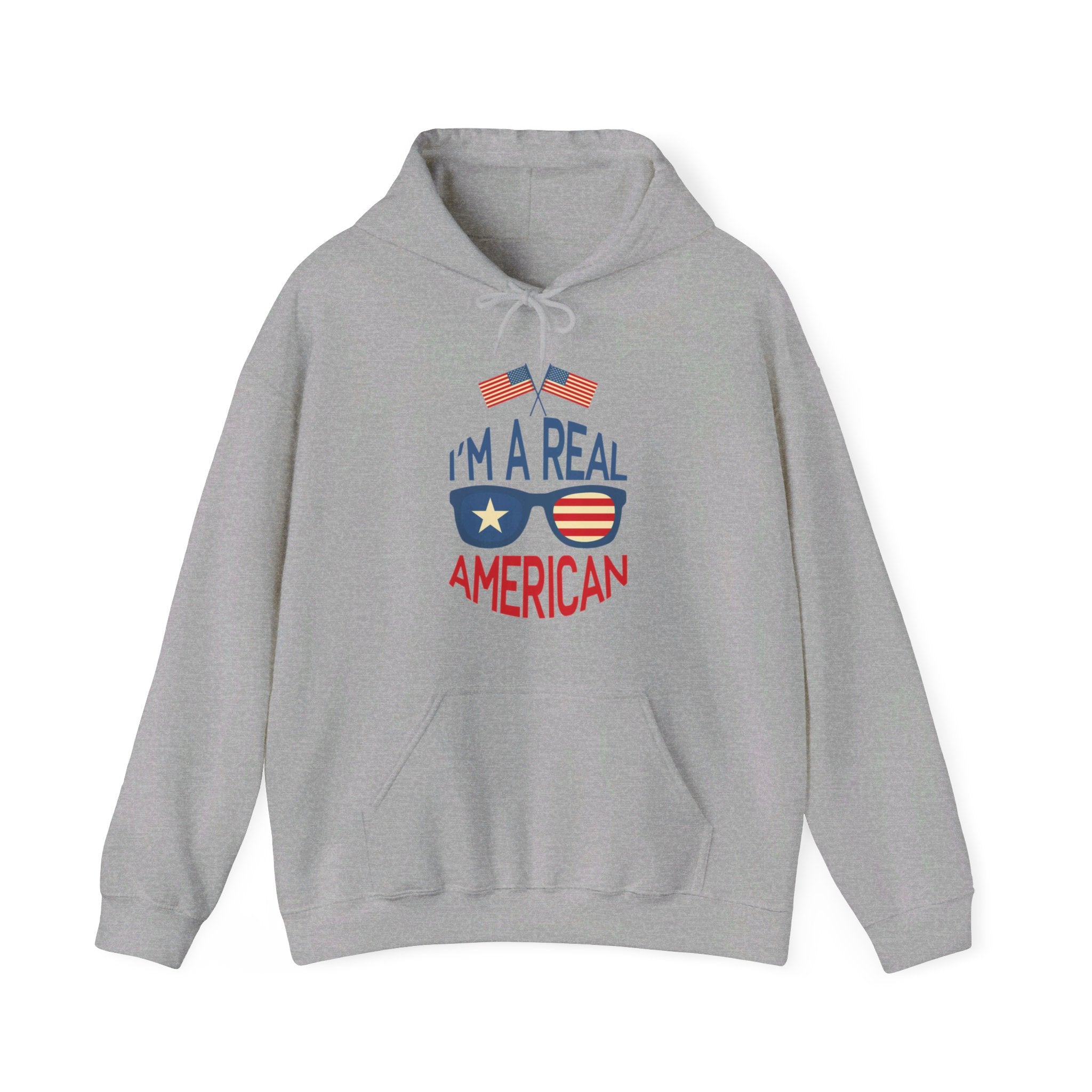 Unisex Heavy Blend Hooded Sweatshirt featuring 'A Real American' design, showcasing a cozy fit with a kangaroo pocket and stylish drawstring.