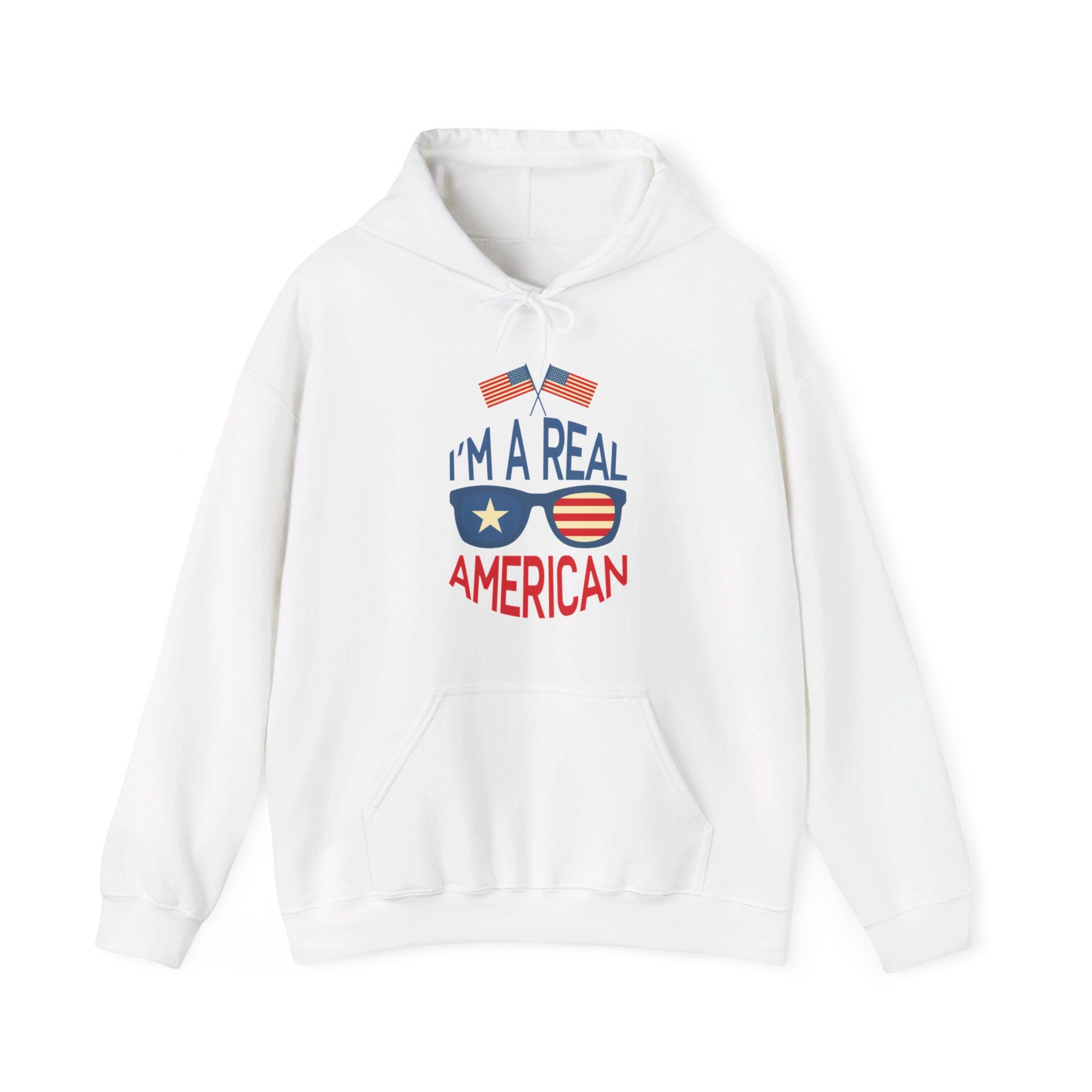Unisex Heavy Blend Hooded Sweatshirt featuring 'A Real American' design, showcasing a cozy fit with a kangaroo pocket and stylish drawstring.