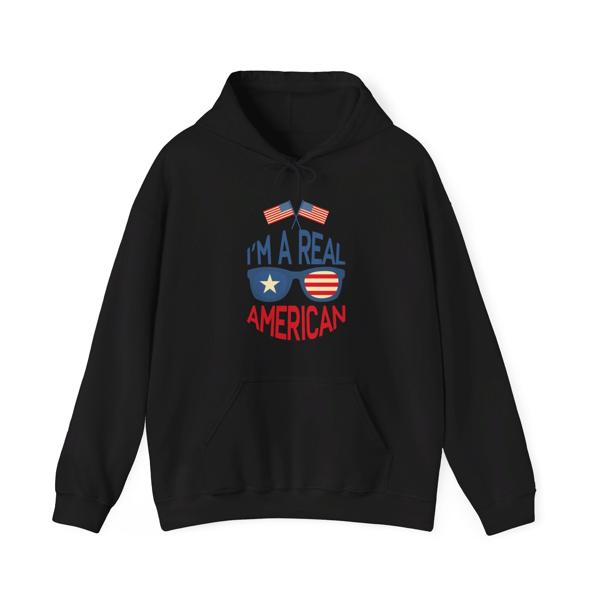 Unisex Heavy Blend Hooded Sweatshirt featuring 'A Real American' design, showcasing a cozy fit with a kangaroo pocket and stylish drawstring.