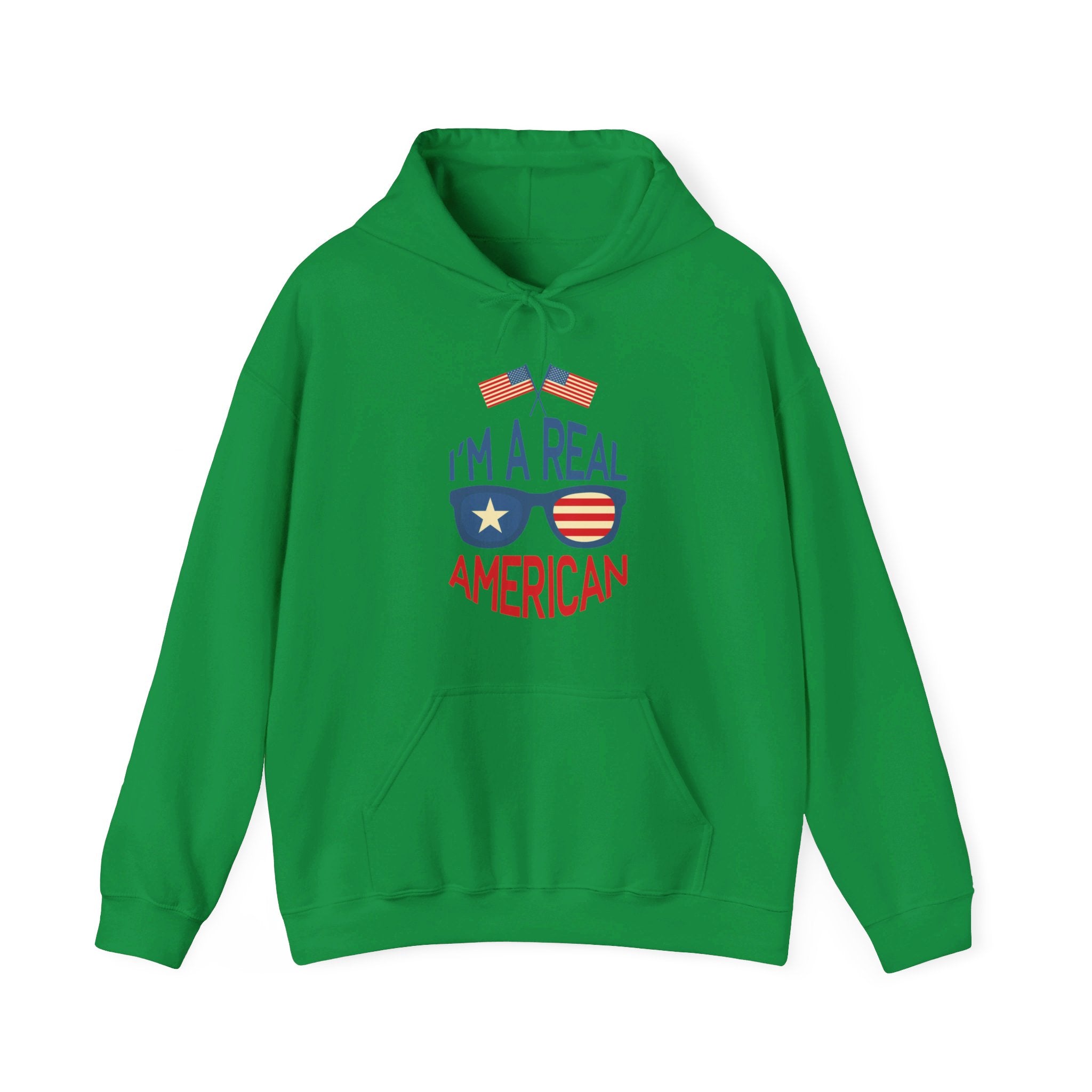 Unisex Heavy Blend Hooded Sweatshirt featuring 'A Real American' design, showcasing a cozy fit with a kangaroo pocket and stylish drawstring.