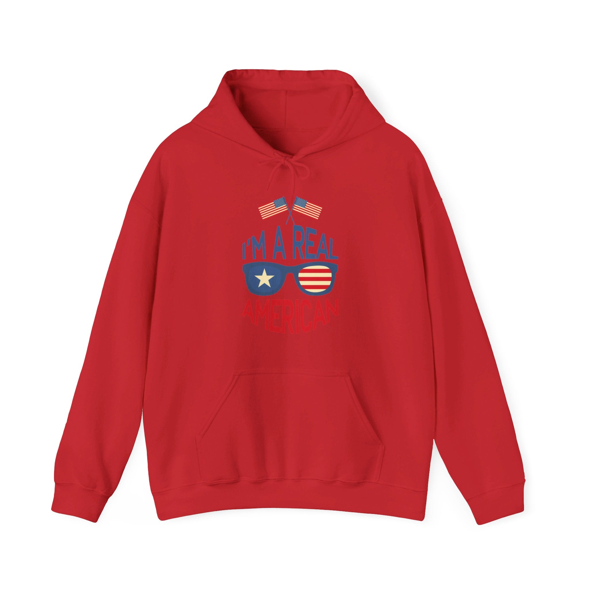 Unisex Heavy Blend Hooded Sweatshirt featuring 'A Real American' design, showcasing a cozy fit with a kangaroo pocket and stylish drawstring.