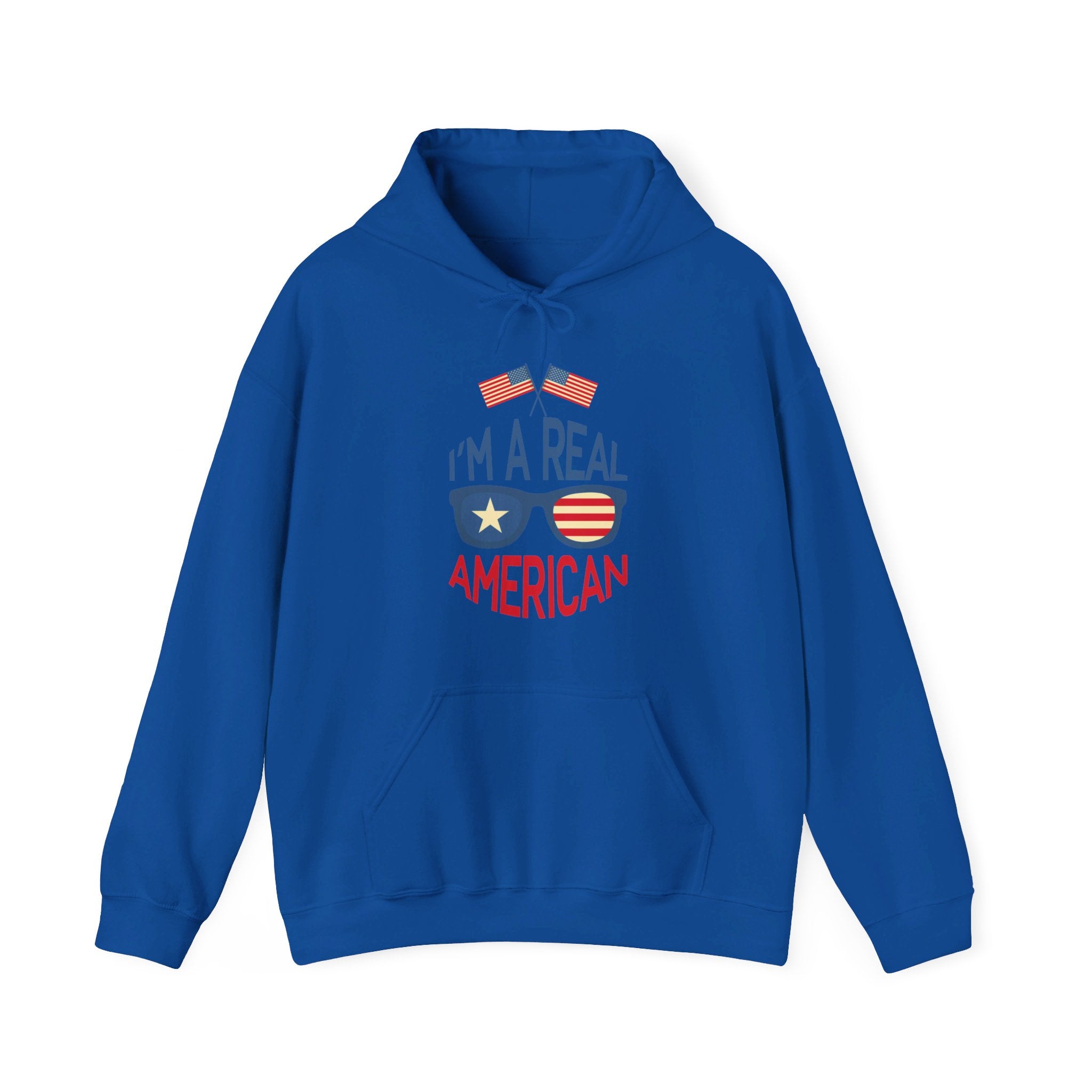 Unisex Heavy Blend Hooded Sweatshirt featuring 'A Real American' design, showcasing a cozy fit with a kangaroo pocket and stylish drawstring.