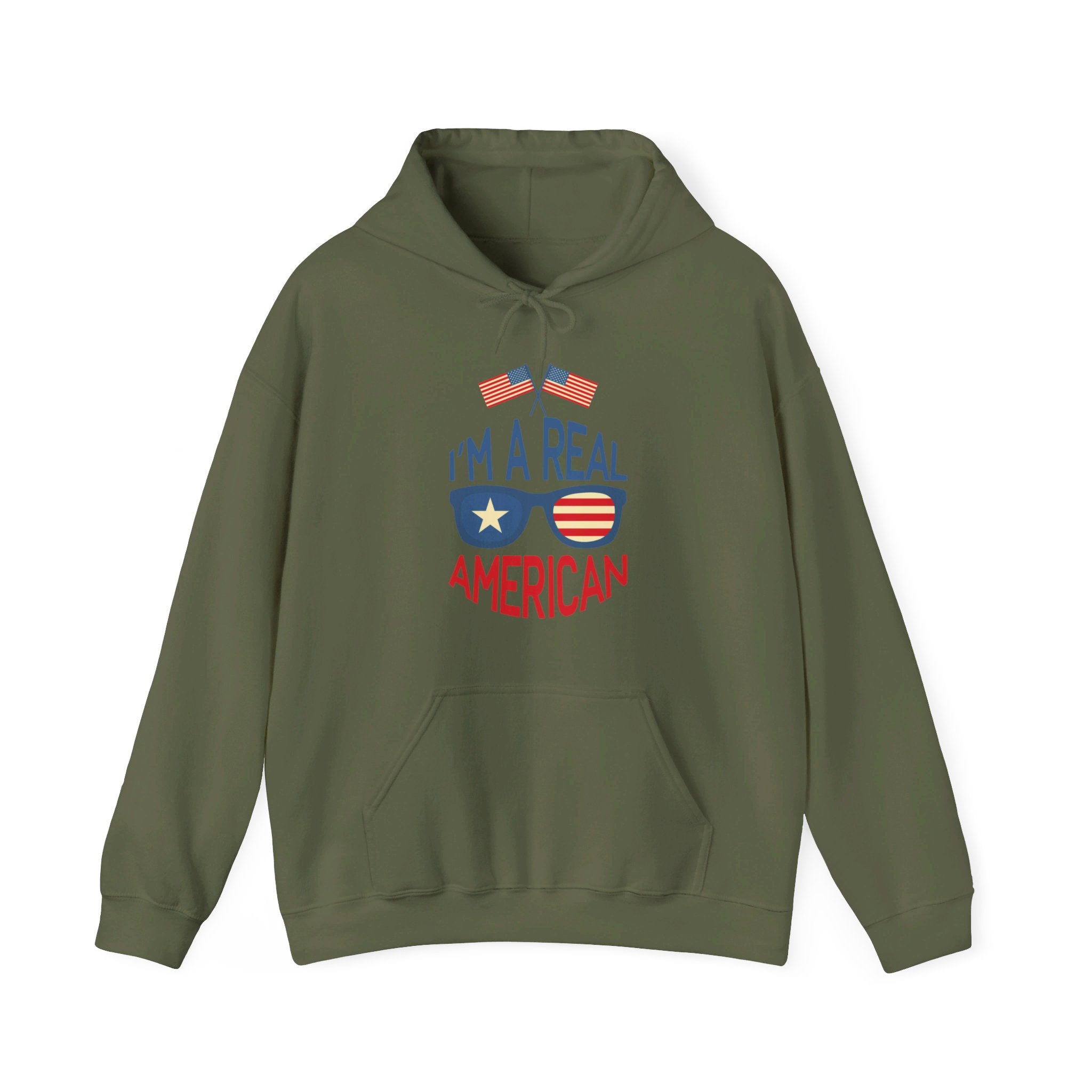 Unisex Heavy Blend Hooded Sweatshirt featuring 'A Real American' design, showcasing a cozy fit with a kangaroo pocket and stylish drawstring.