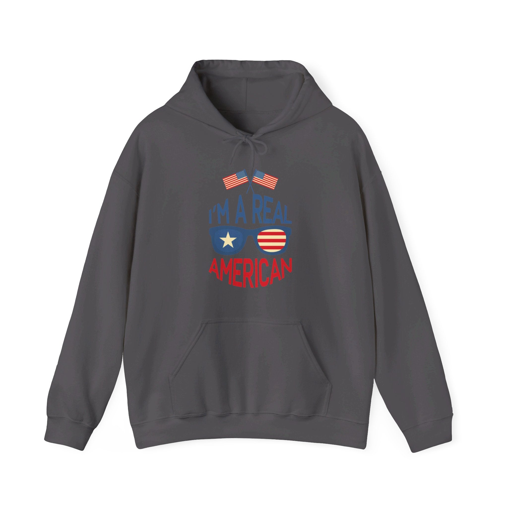 Unisex Heavy Blend Hooded Sweatshirt featuring 'A Real American' design, showcasing a cozy fit with a kangaroo pocket and stylish drawstring.