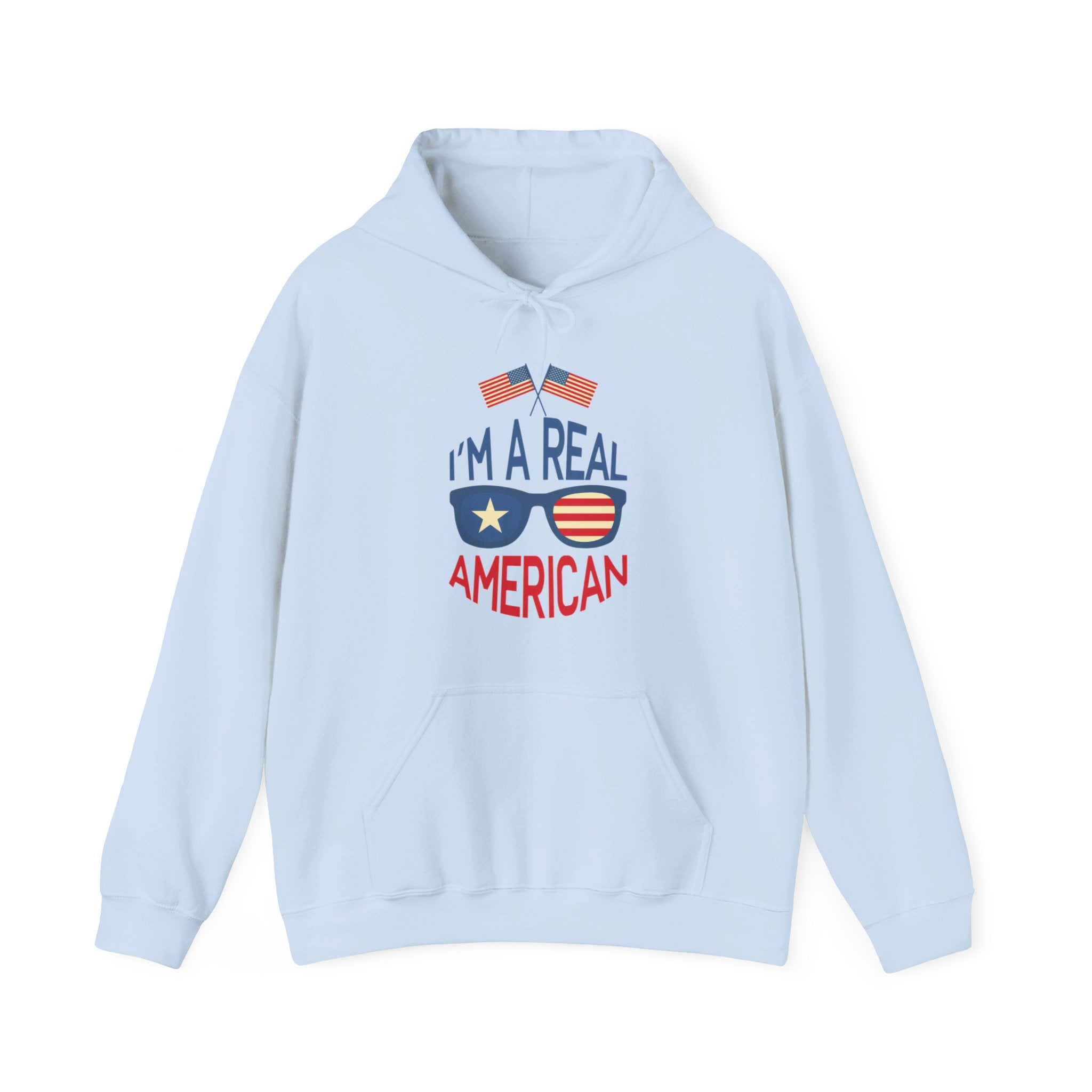 Unisex Heavy Blend Hooded Sweatshirt featuring 'A Real American' design, showcasing a cozy fit with a kangaroo pocket and stylish drawstring.