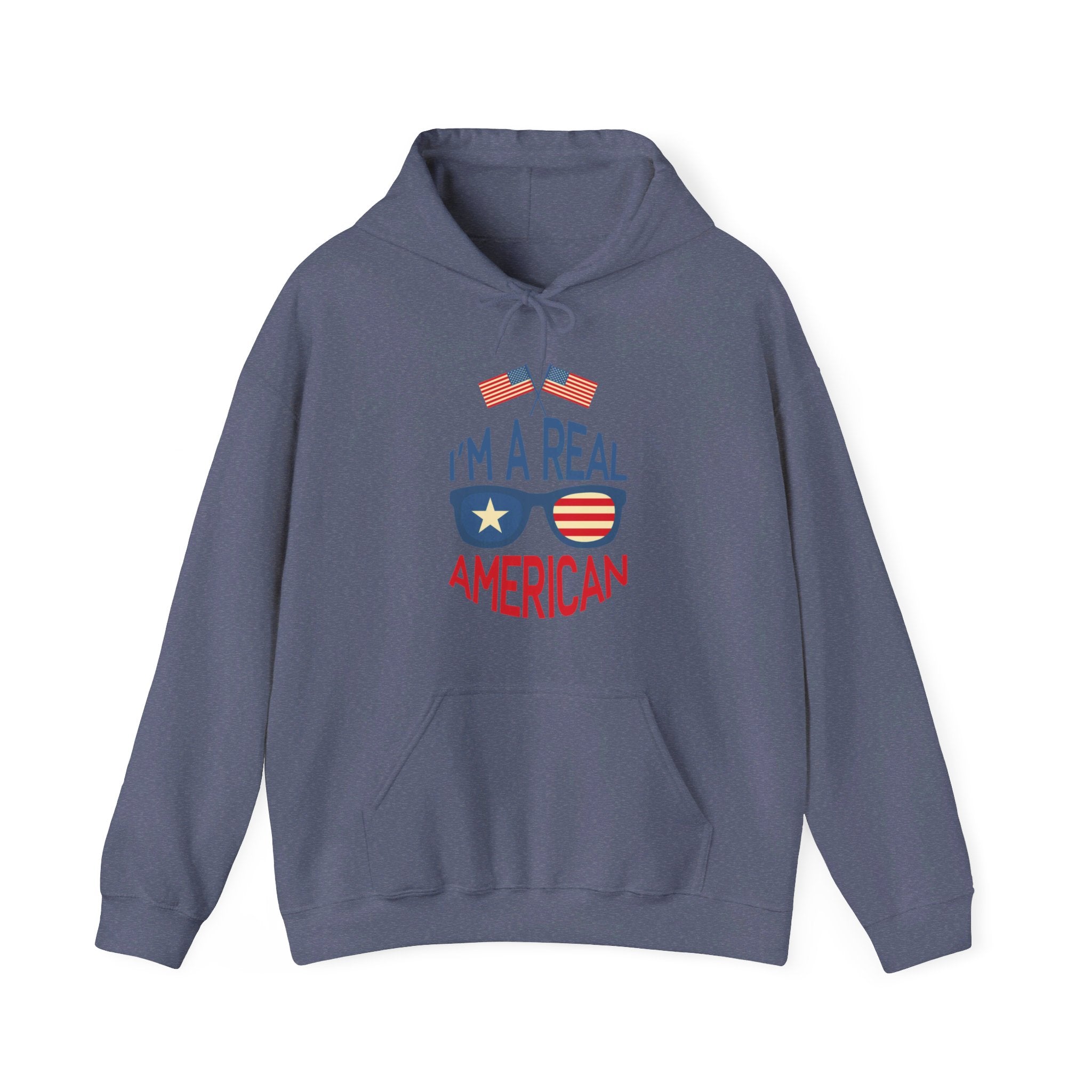Unisex Heavy Blend Hooded Sweatshirt featuring 'A Real American' design, showcasing a cozy fit with a kangaroo pocket and stylish drawstring.