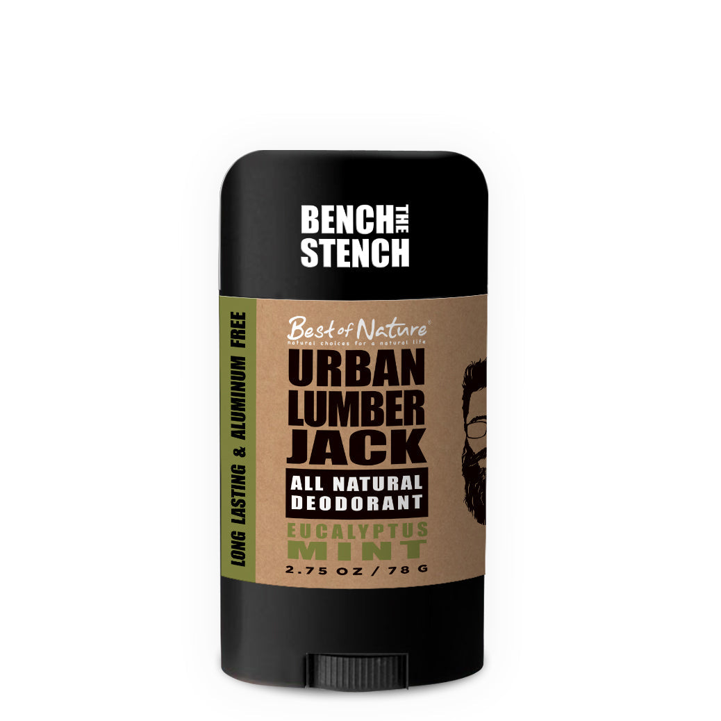 Urban Lumberjack Natural Deodorant in Eucalyptus Mint packaging, showcasing its natural ingredients and eco-friendly design.