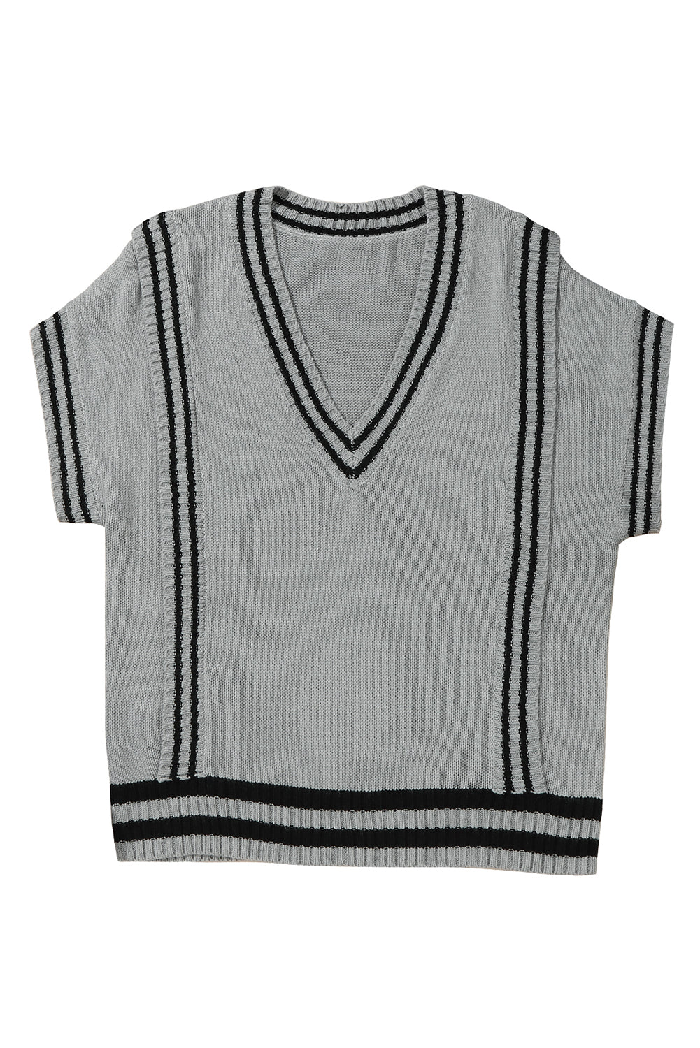 A stylish V Neck Contrast Stripes Trims Short Sleeve Sweater featuring a chic v-neckline, contrast stripe details, and soft knitted fabric.