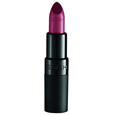 GOSH Velvet Touch Lipstick in shade 160 Delicious, showcasing its vibrant color and sleek packaging.