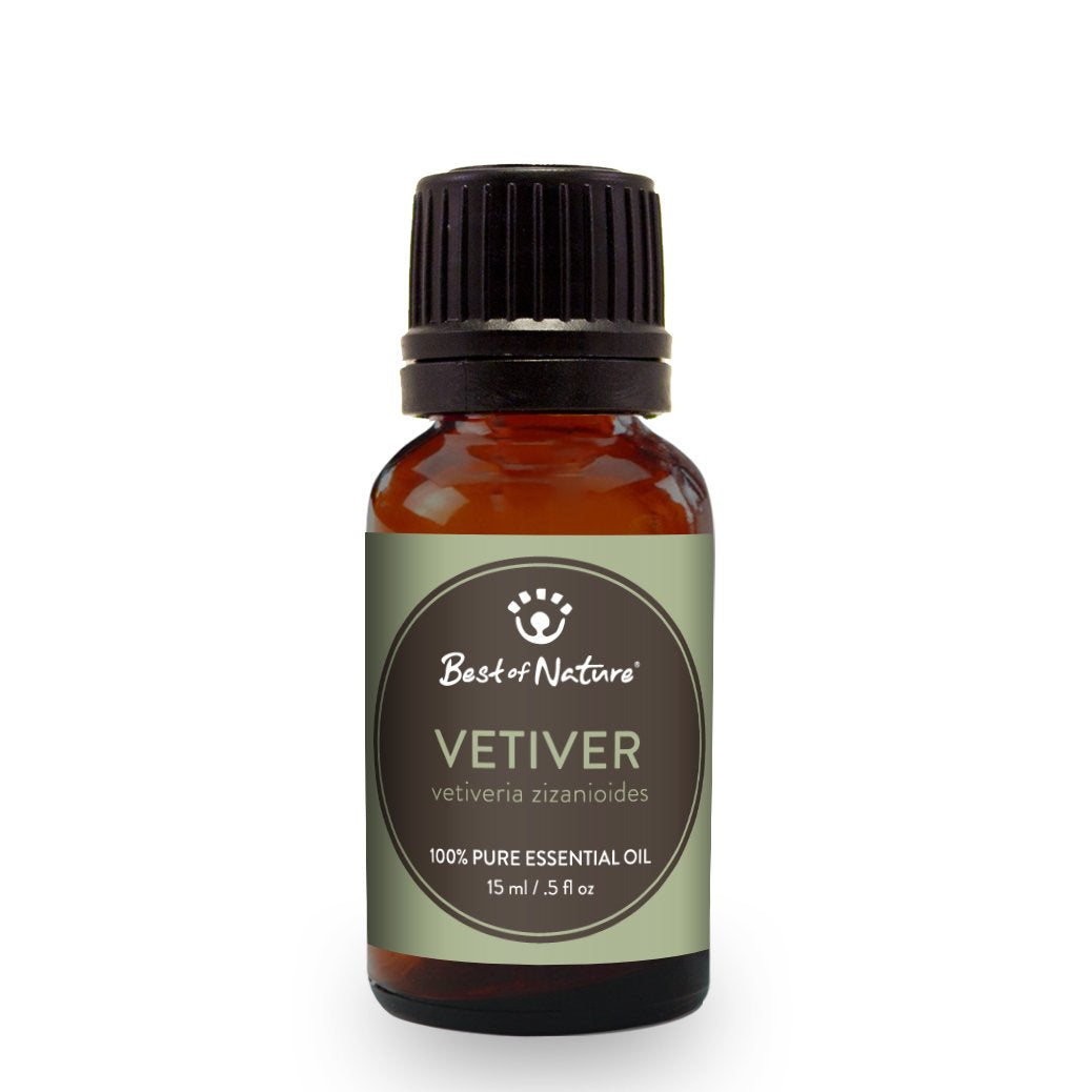 A bottle of 100% pure Vetiver essential oil with a dark amber color, showcasing its thick consistency and natural essence.