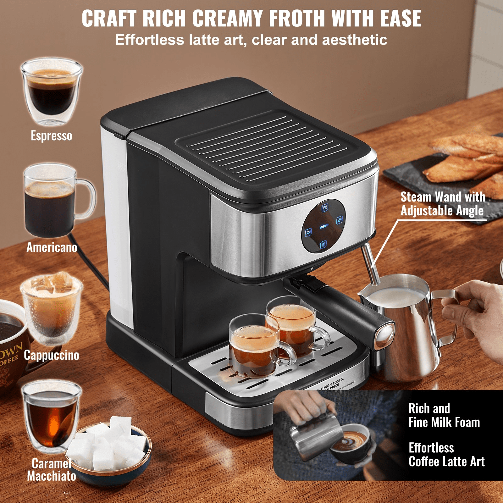 VEVOR Espresso Machine with milk frother, touch screen, and removable water tank, designed for making espresso and lattes.