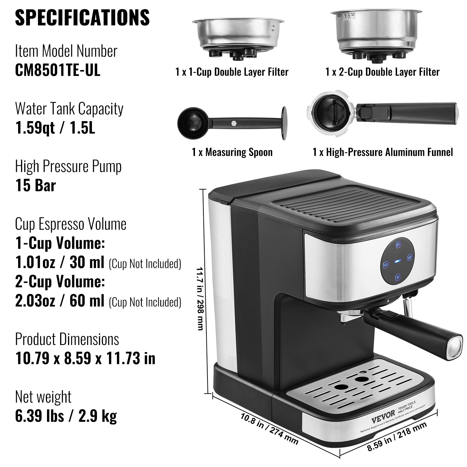 VEVOR Espresso Machine with milk frother, touch screen, and removable water tank, designed for making espresso and lattes.