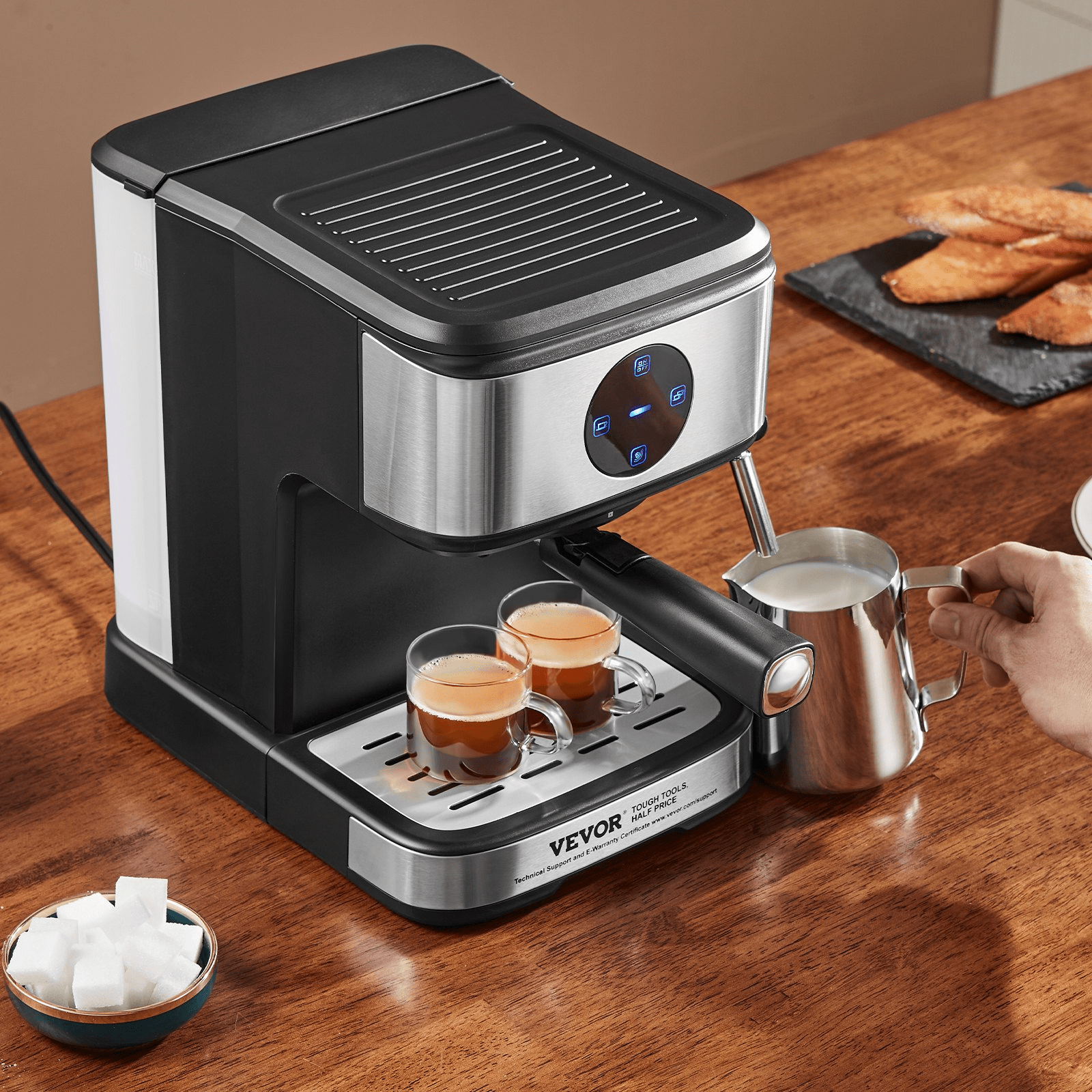 VEVOR Espresso Machine with milk frother, touch screen, and removable water tank, designed for making espresso and lattes.
