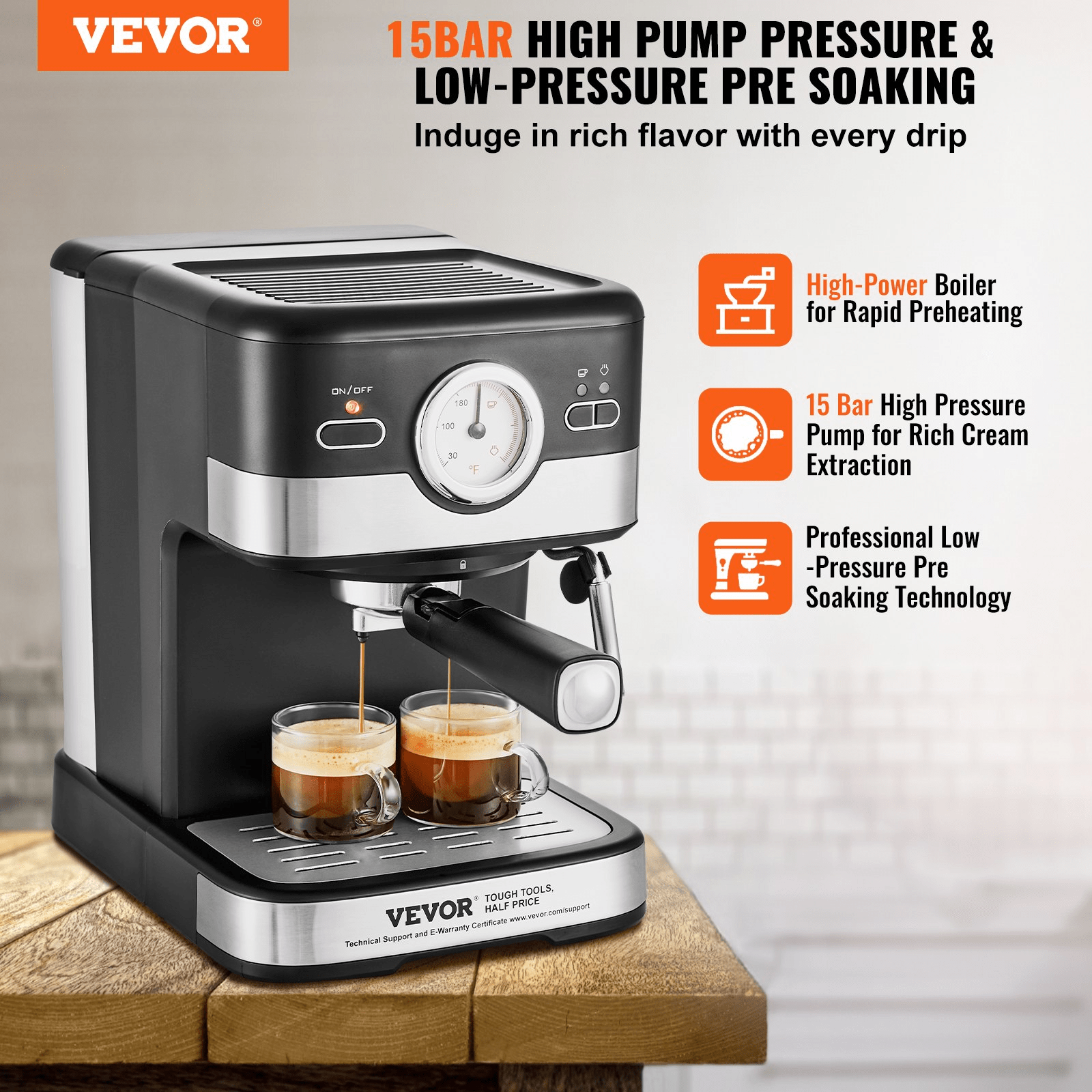 VEVOR Espresso Machine with milk frother, showcasing its sleek design and user-friendly features.