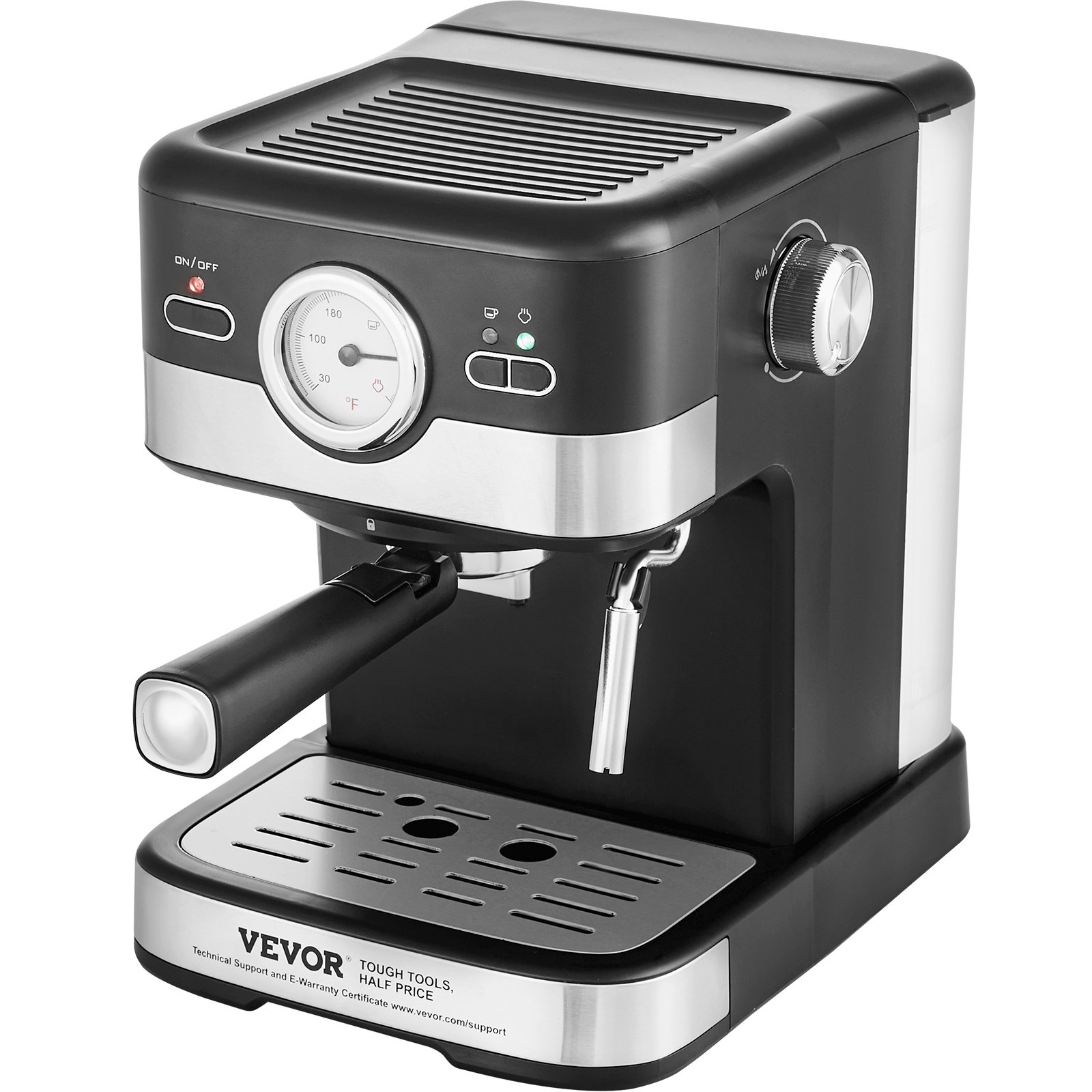 VEVOR Espresso Machine with milk frother, showcasing its sleek design and user-friendly features.
