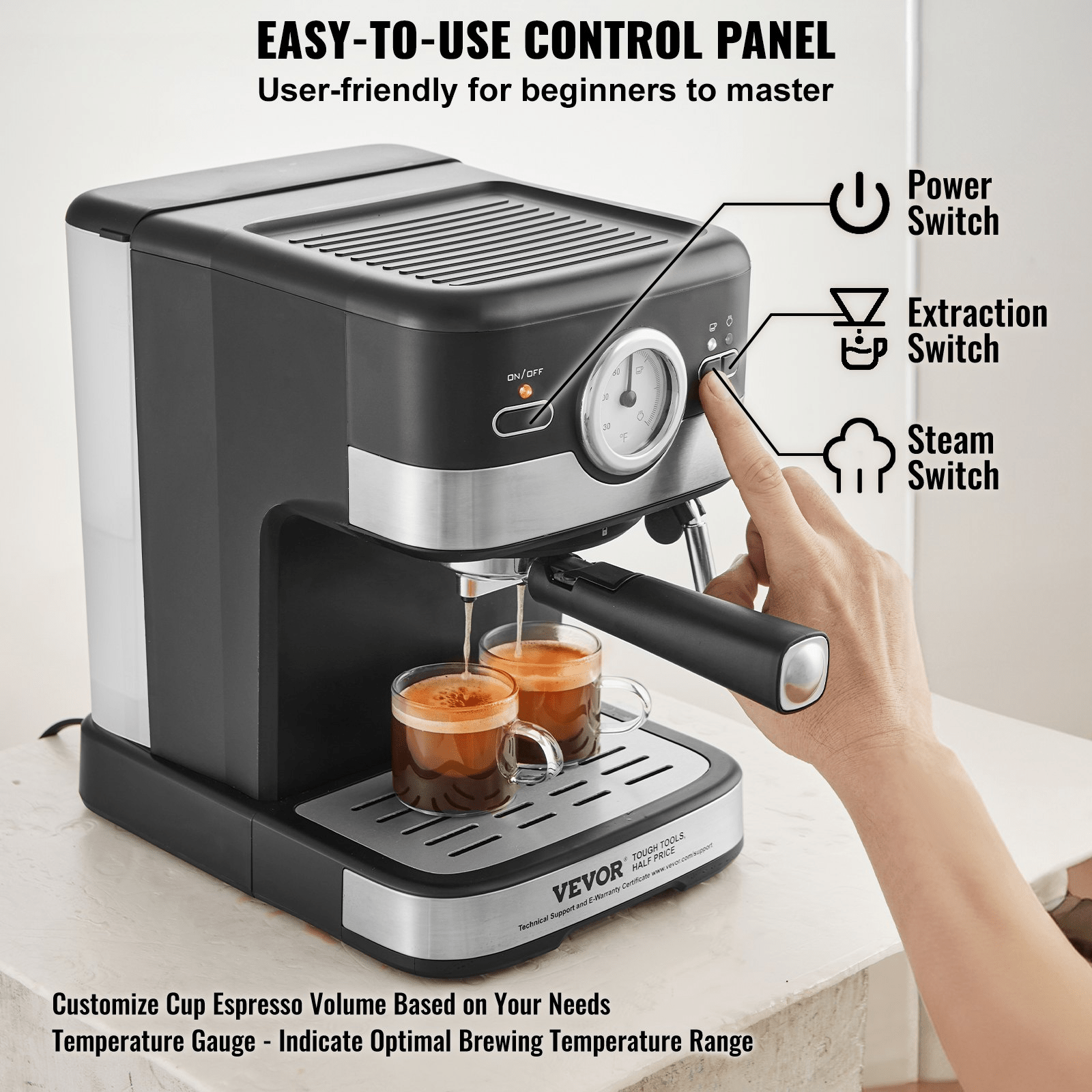 VEVOR Espresso Machine with milk frother, showcasing its sleek design and user-friendly features.